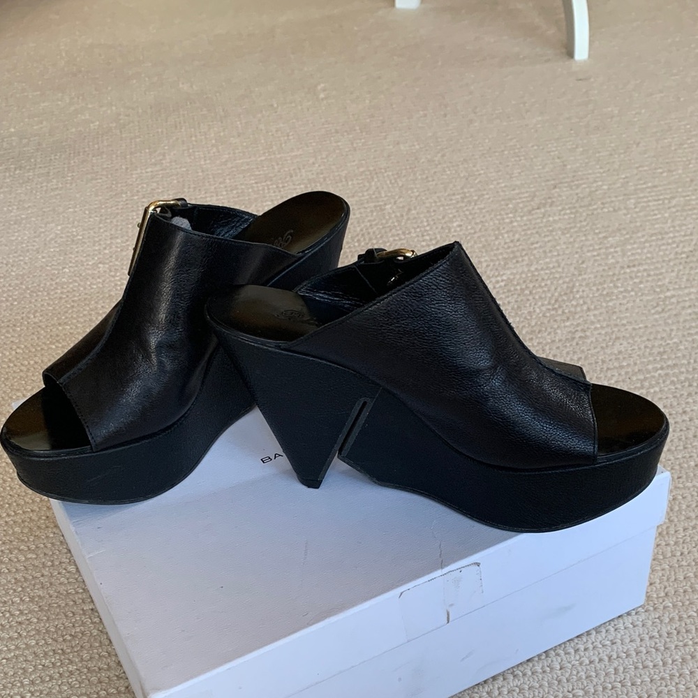 Black Leather Peep-Toe Platform Wedge Sandals